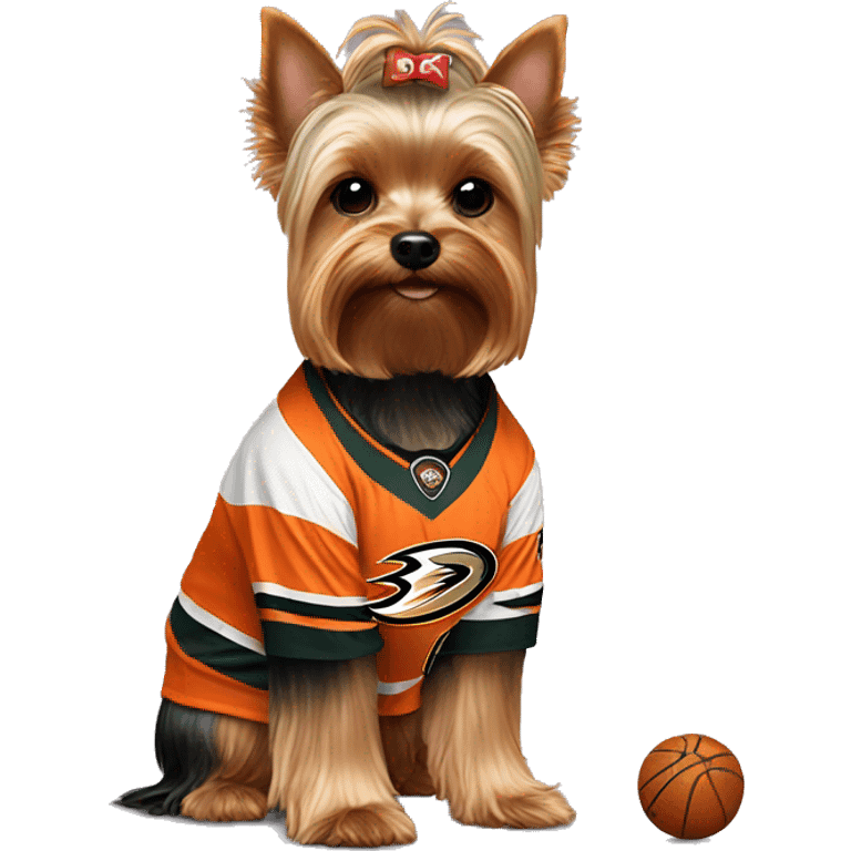 Yorkie wearing an Anaheim ducks jersey emoji