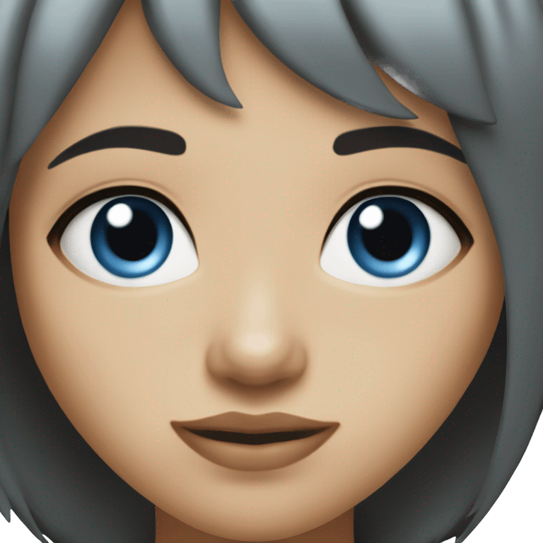 A girl with soft blue eyes, she has a black bob with bangs, piercings in her nose and eyebrow, thin eyebrows and a thin nose, she is thin with pronounced cheekbones. emoji