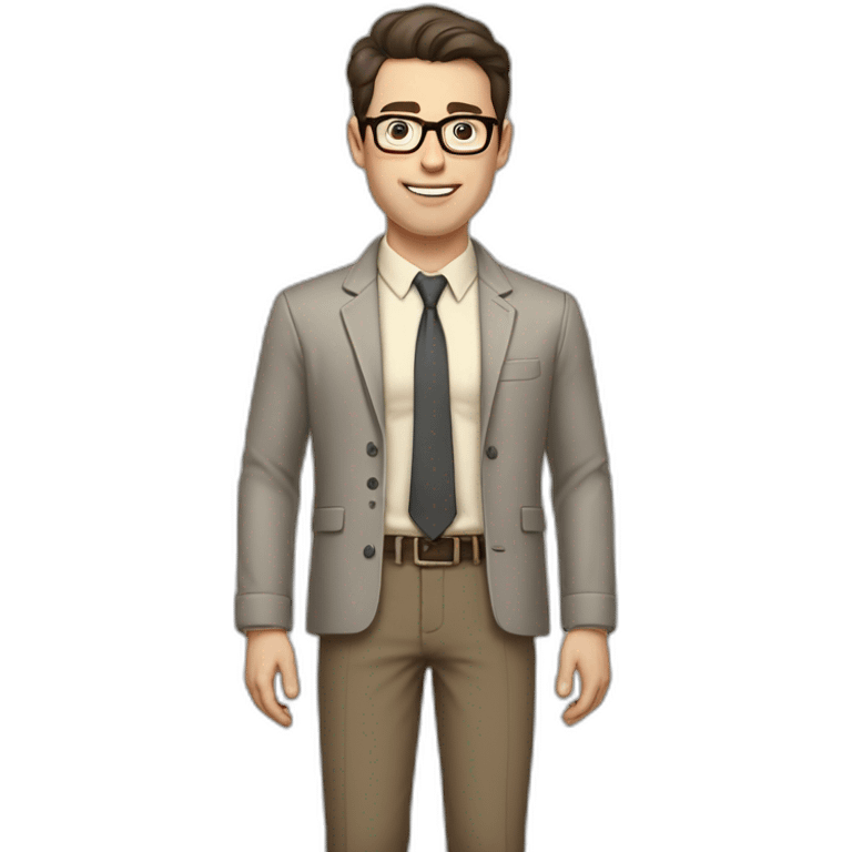 Full height Pale skinned fit man with dark brown hair in gray jacket, beige office shirt, brown tie, brown pants and vintage glasses. His right hand stretched out emoji