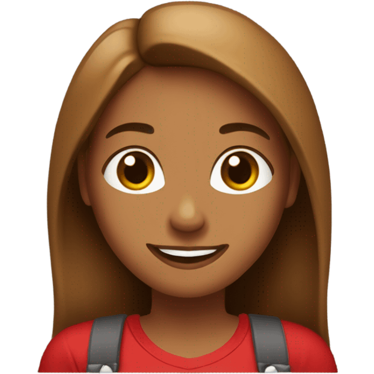 Light brown woman with long brown  hair with a red happy Valentine’s Day t-shirt emoji