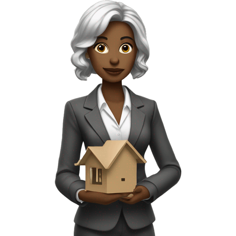 A stylish woman dressed in business attire, confidently holding a small model of a house or a real estate contract. She has a self-assured expression. The background is neutral emoji