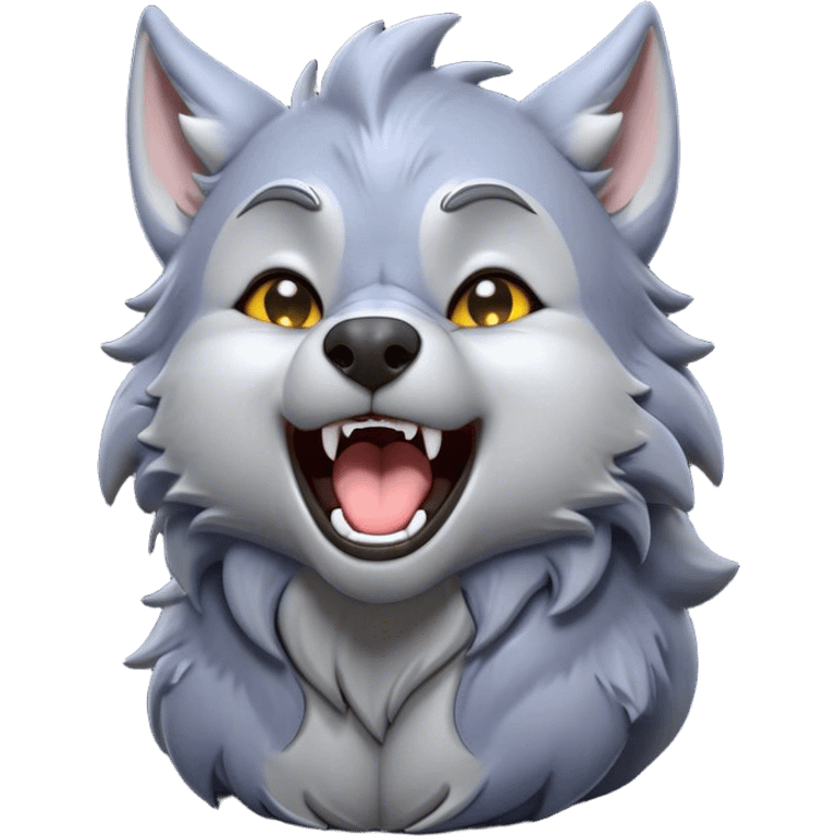 Cinematic Cute Yawning Werewolf Portrait Emoji, with a cuddly, miniature lupine form in soft moonlit grays and silvers, head leaning back in a big, adorable yawn that reveals a few fuzzy teeth, simplified yet irresistibly charming, highly detailed with a soft glowing outline that captures the drowsy, playful essence of a werewolf mid-nap! emoji