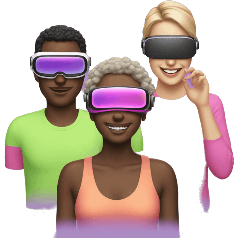 3 people different races, happy, wearing VR headsets pinks, purples, greens neon emoji