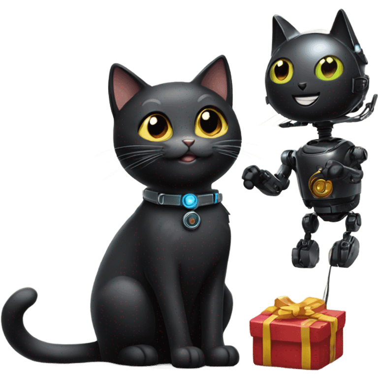 Happy Black Cat with Toy Robot emoji