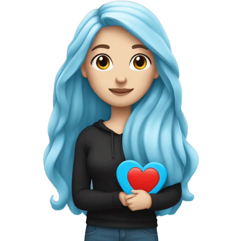 white girl with long blue hair in a black sweatshirt holding a blue heart emoji