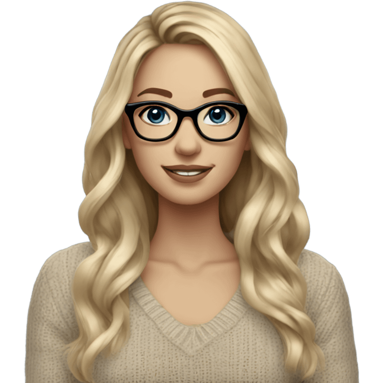 Blonde balayage long hair women blue eyes  beige sweater wearing black glasses  emoji