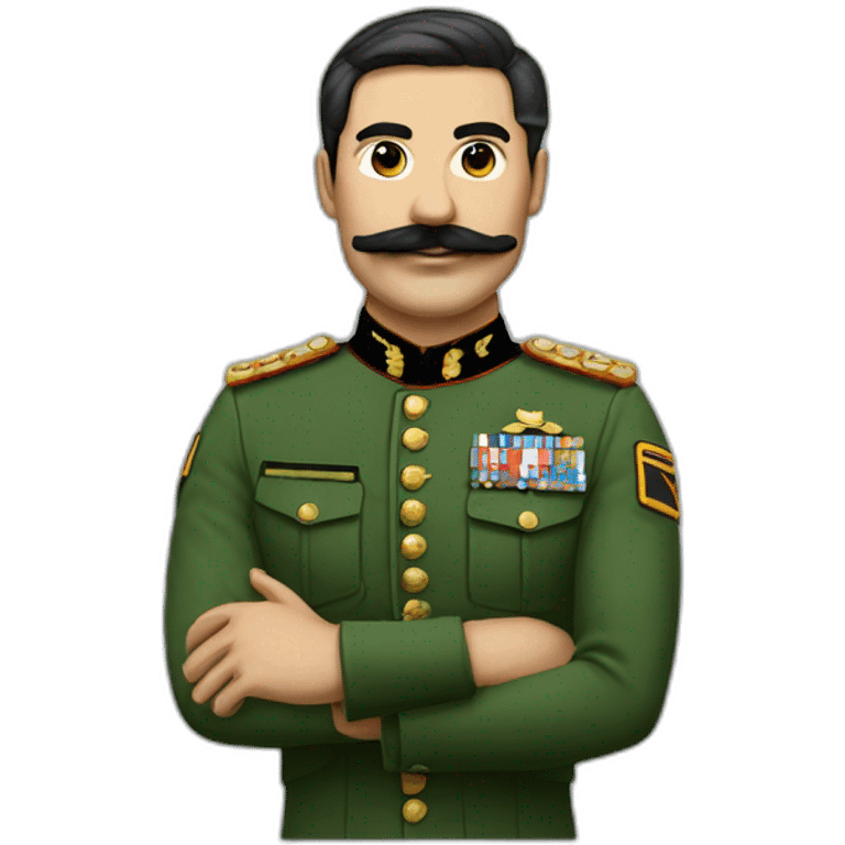 A man with a square mustache a green army uniform that stretches his arm to 120 degrees with hair plated from right to left and black emoji