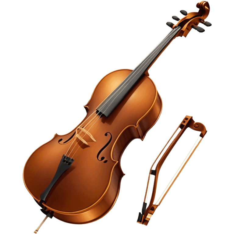 Cinematic Realistic Cello, deep brown polished wood, elegant f-holes curving gracefully, warm golden lighting creating depth, bow gently resting on the strings, glowing with the rich resonance of classical artistry. emoji