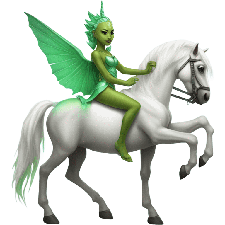 a green amazon alien woman on a white unicorn emoji