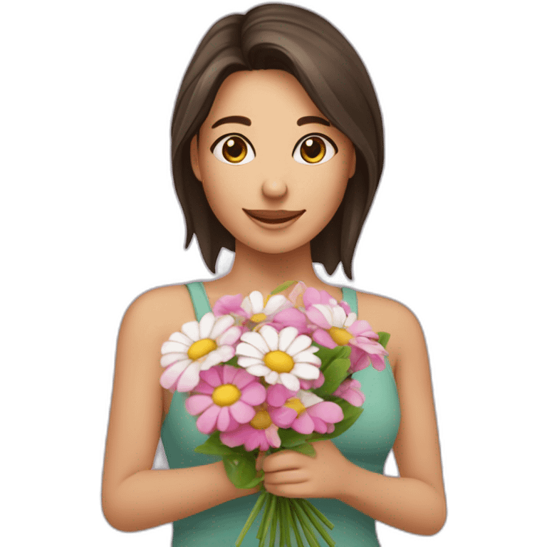 Fille brune avec un bouquet de fleurs dans les mains emoji