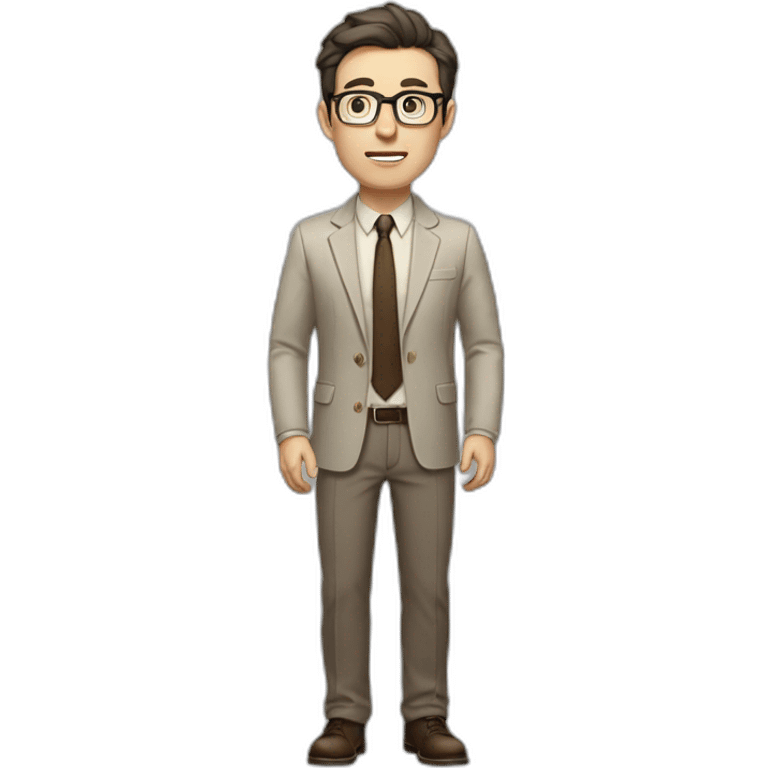 Full height Gesticulating Pale skinned fit man with dark brown hair in gray jacket, beige office shirt, brown tie, brown pants and vintage glasses. emoji