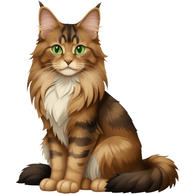 A light brown and black long haired Maine coon cat with green eyes sitting down and facing forward emoji