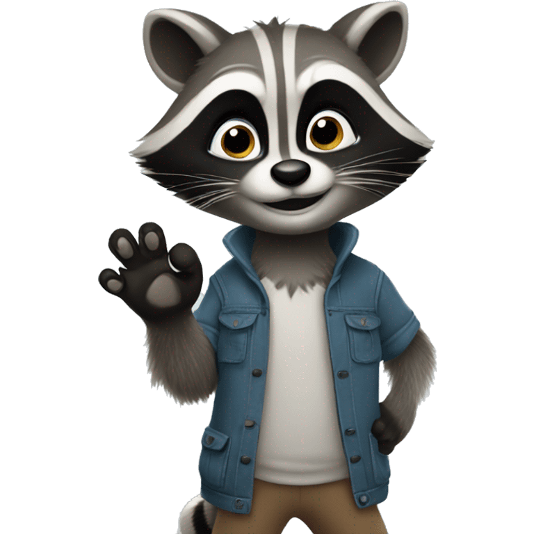 The raccoon waves his paw and greets emoji