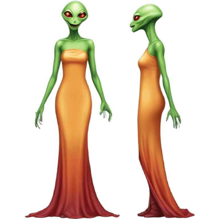 reptilian green alien woman, in long slim pastel orange formal party satin dress with gradient shiny sparkling dark red, full figure, full body emoji