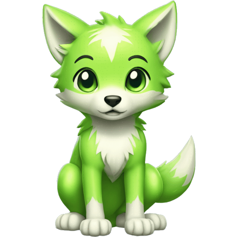 Cute Shy Shiny Lime-Green Fakémon-Wolf with white and dark-green markings Full Body emoji