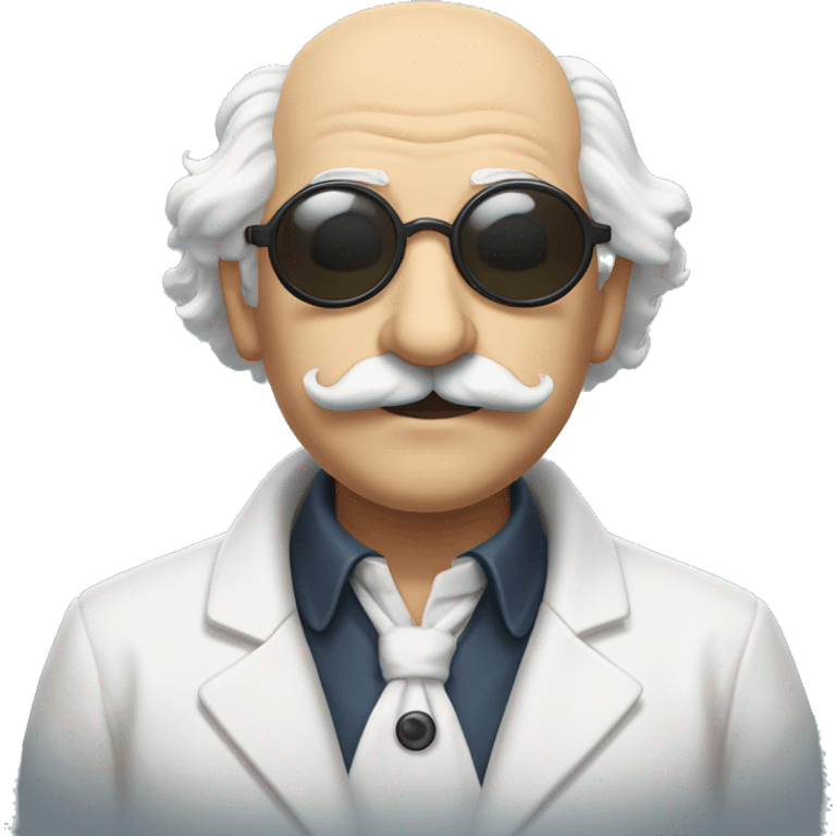 a scientist resembling Albert Einstein, bald over head, with black hair on the sides of his head, a large mustache and circle like sunglasses. Wearing a white duster.  emoji