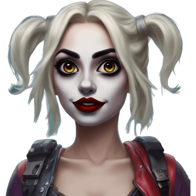 Jasmine Lordi in Harley Quinn style, oil paint, mysterious eyes, intricate lips, masterpiece portrait, odd perspective, beautiful, desirable, logical emoji