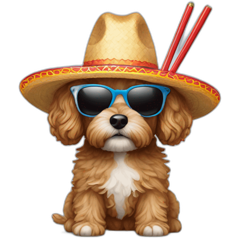 cavapoo wearing sunglasses and sombrero holding chopsticks emoji