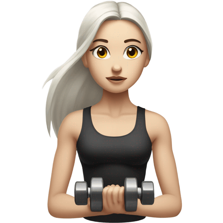 Pale girl with long black hair lifting weights emoji