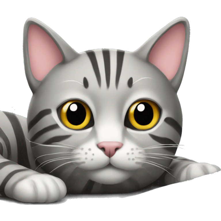 A striped grey cat is lying on the keyboard of the computer emoji