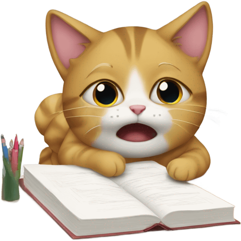 Cute cat doing a homework and crying emoji