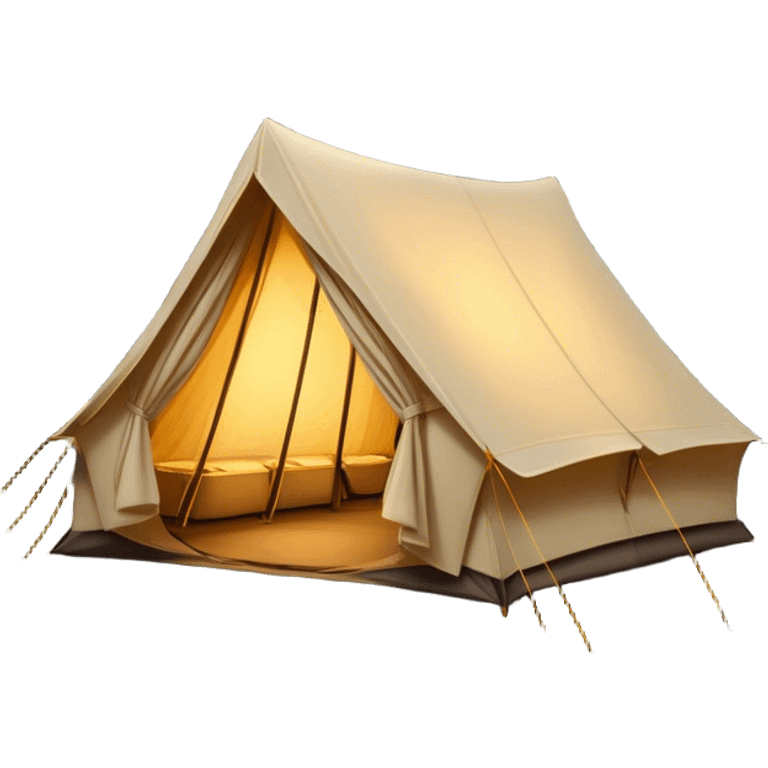 Cinematic Realistic Tent, a sturdy canvas tent nestled among tall trees, warm golden light spilling from inside, gentle folds in the fabric visible, glowing against the cool, dark forest backdrop, evoking a sense of adventure and comfort. emoji