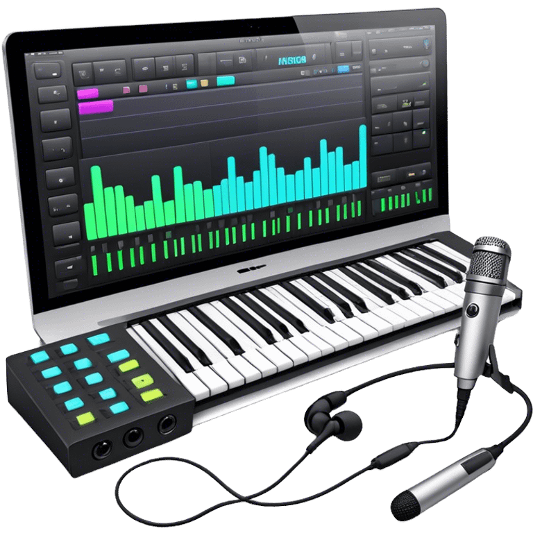 Create a professional and artistic emoji that represents writing music tracks. The design should feature a digital audio workstation (DAW) screen with visible waveforms, a MIDI keyboard, and a high-quality microphone to symbolize the tools used in music production. Add elements like studio headphones and an audio interface to reflect the technical aspects of creating a track. Use sleek, modern colors like silver, black, and neon accents to convey the professional environment of music composition. The background should be transparent. emoji