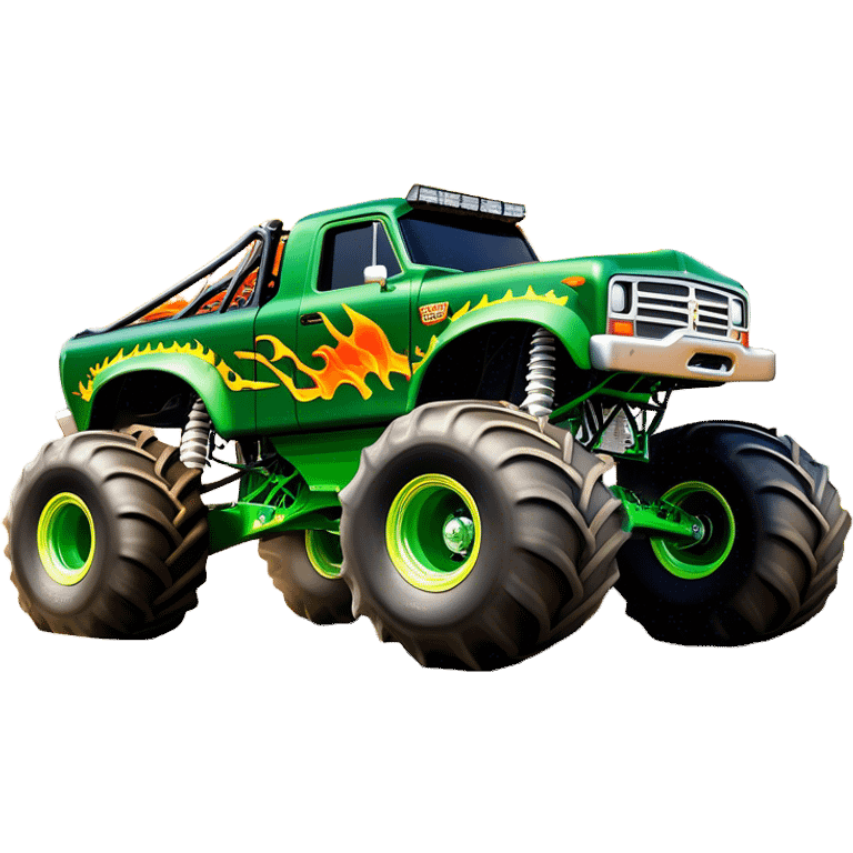 Grave Digger - Monster Jam (Model Year: 2022) (Iconic colour: Green with flames) - A legendary monster truck with a fearsome design: predominantly deep green with dynamic, vibrant flame graphics in bright orange and yellow. Highlight its rough, edgy bodywork and an aura of untamed rebellion. emoji