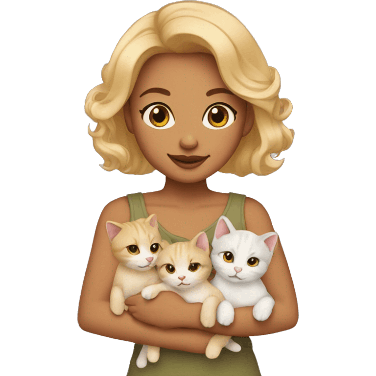 Blonde woman with shoulder-length hair, brown eyes and light olive skin tone holding five kittens emoji