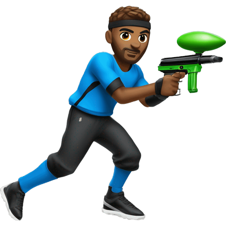 Brown skin paintball player, that looks similar to the Apple basketball player emoji, wearing a blue longsleeve jersey, black pants, a black headband, and running with a paintball gun in hand emoji