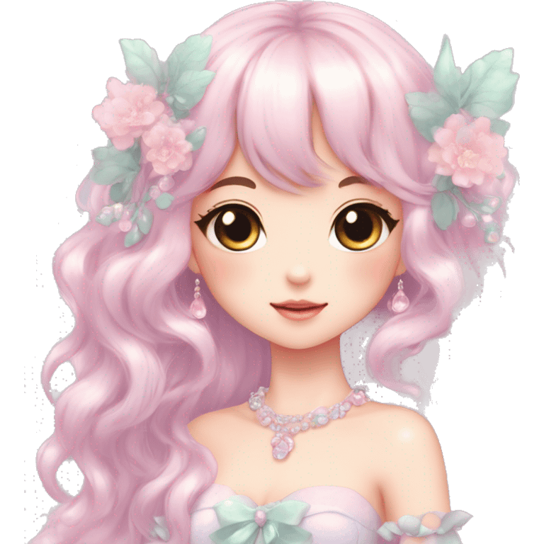 Dreamy pretty elegant kawaii shiny blushing shy anime pastel lady kawaii beautiful hair naturecore fairycore cottagecore jewels trending aesthetic full body emoji