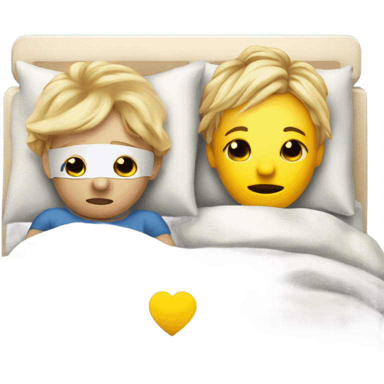 Two blonde children, sick, each in their own bed, wearing masks, one Boy, one girl,, at home, get well soon sign with yellow heart emoji