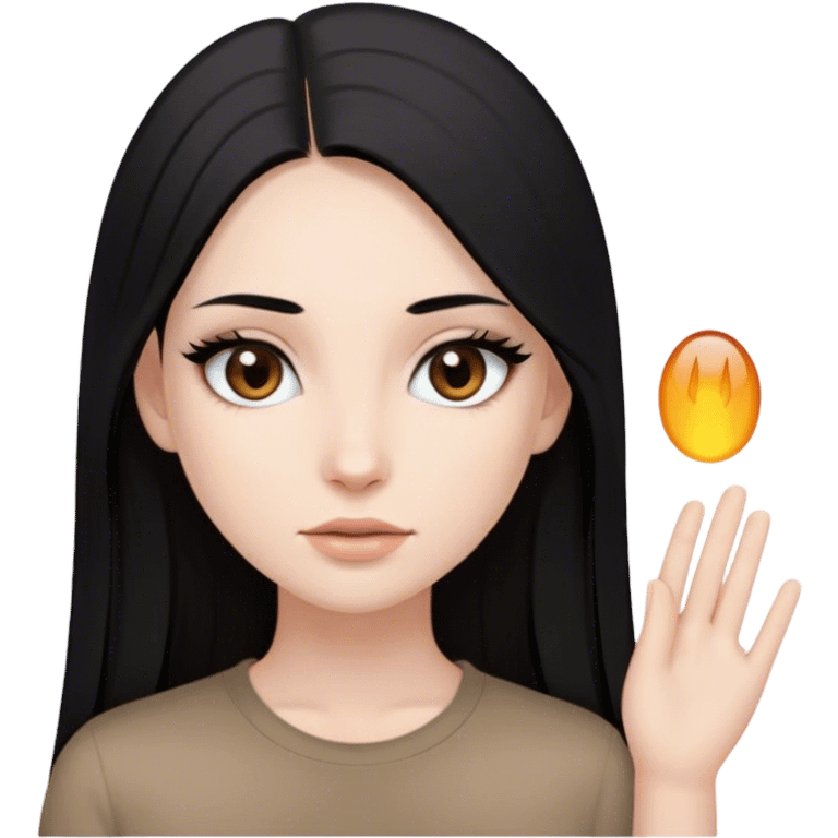 Girl with long straight black hair, brown eyes, pale skin, make up, long lashes, oval face and brown shirt emoji