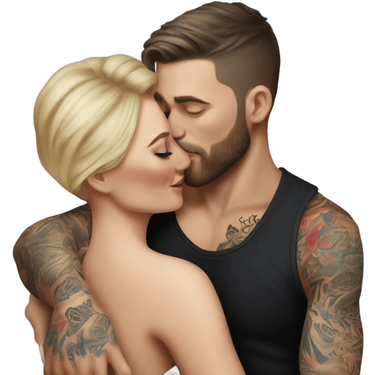 Hyper Realistic beautiful woman in the arms of a very handsome tattooed man kissing  emoji