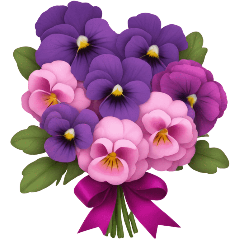 Bouquet composed of pink pansies, violet peonies tied with a dark pink ribbon and in the background purple butterflies emoji