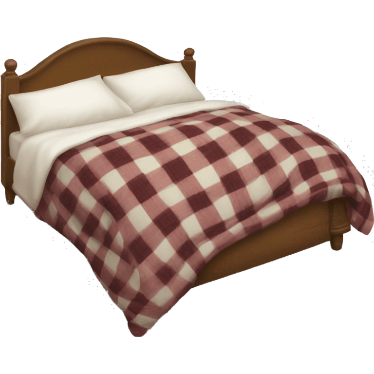 A comfy bed with a plaid throw draped over it and a white pillow emoji