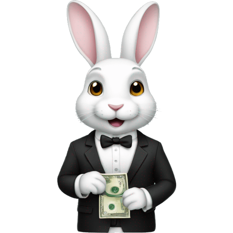 White Rabbit with black suit holding dollars emoji