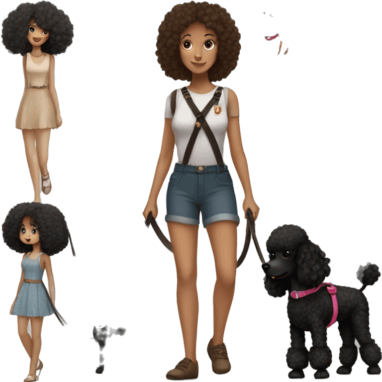 3 legs One Small unshaved Black Poodle with brown harness is walking with a pretty girl emoji