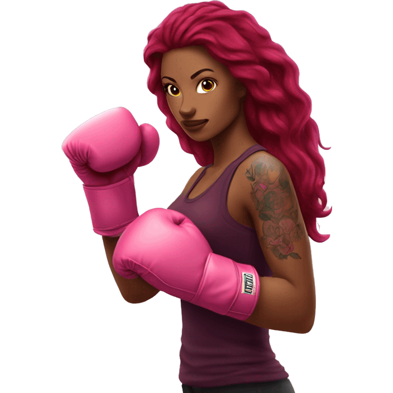 Beautiful tattooed  burgundy long haired woman boxing with pink gloves emoji