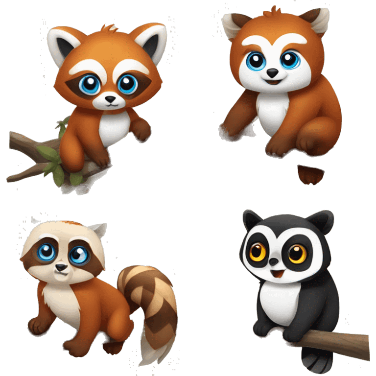 Red panda with brown eyes and an owl with blue eyes and tan golden feathers the owl is standing on a branch and the panda is hanging from it emoji