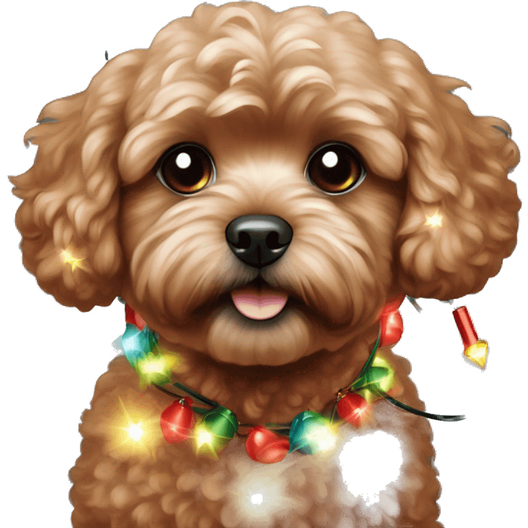 Dark Red maltipoo with Christmas lights decorated around its neck emoji