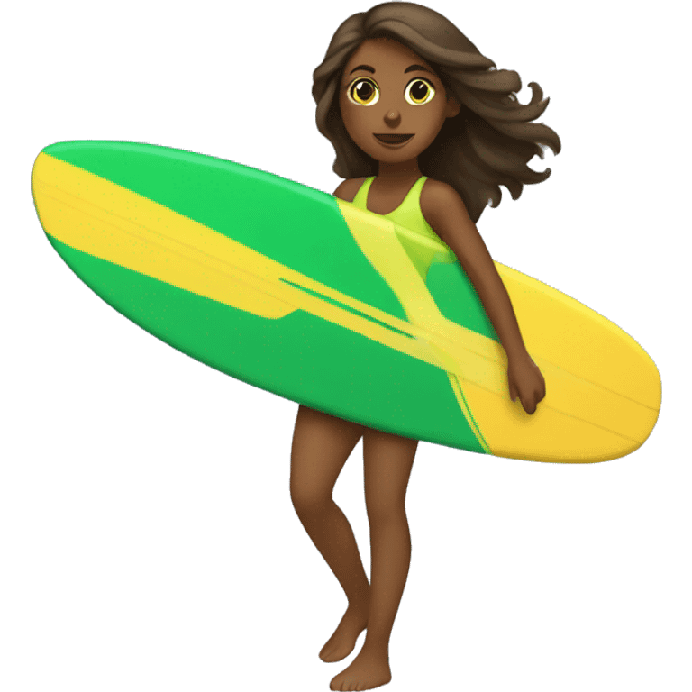 brown girl surfing green yellow surf board emoji