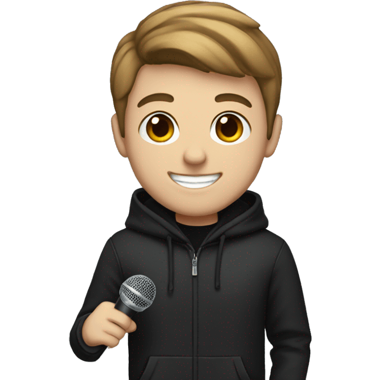 white skin student with a smile in a black hoodie with a microphone in his hands emoji