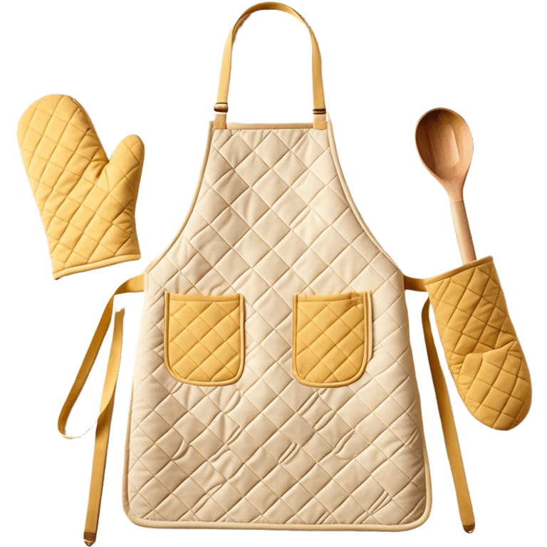 Cinematic Realistic Apron & Oven Mitts, a neatly folded soft pastel apron with subtle fabric textures, resting next to thickly padded oven mitts with a quilted pattern, warm golden kitchen lighting reflecting off the fabrics, evoking a sense of homely warmth and culinary creativity. emoji