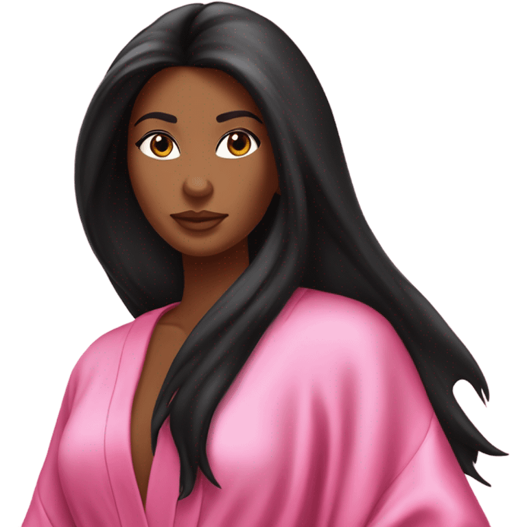 Tanned woman with long black hair wearing a silk pink Victoria’s Secret robe emoji