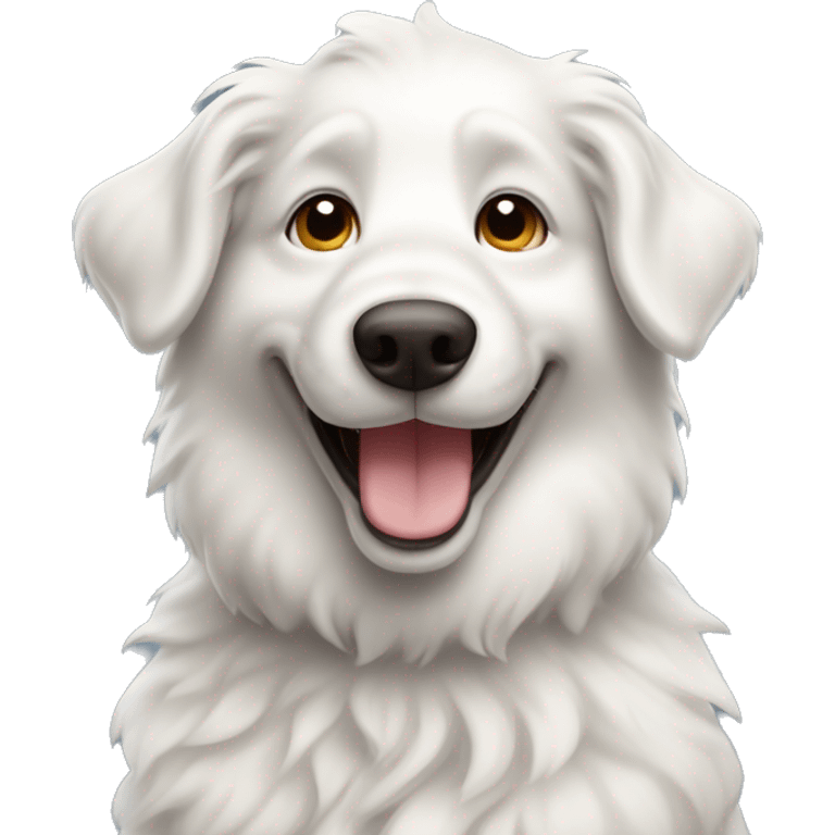 a white swiss sheperd dog with a smile and is waving with its paw emoji