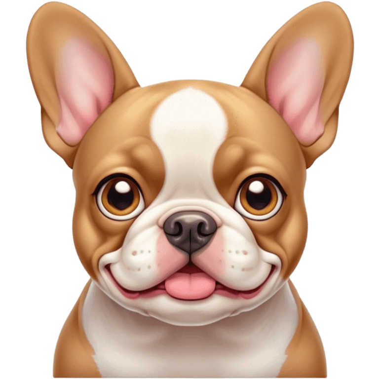 Cinematic Comical Pied French Bulldog Portrait Emoji, Head tilted with an exaggeratedly shocked, comical expression and wide, humorously expressive eyes, showcasing a distinctive pied fur of contrasting hues and a charmingly goofy face, simplified yet hilariously detailed, glowing with a sassy, playful radiance, high shine, exuding a mischievous and meme-worthy charm, styled with a soft glowing outline, capturing the essence of a Pied French Bulldog that looks ready to spark a viral laugh! emoji