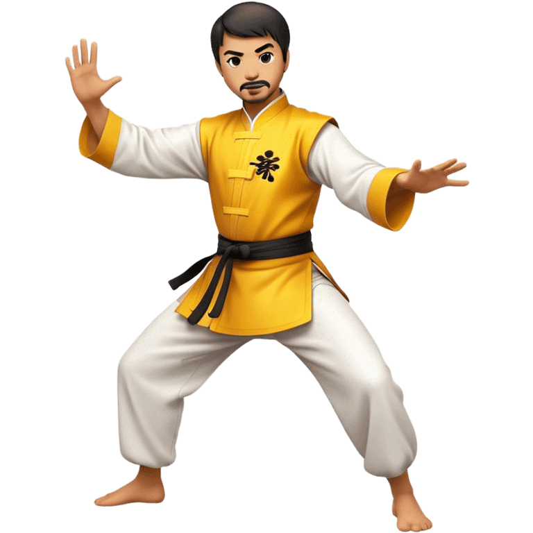 Cinematic Realistic Kung Fu Action Emoji, depicted as an epic martial arts scene with a master executing a precise move in traditional attire, rendered with fluid motion and vibrant textures under dramatic high-contrast lighting. emoji