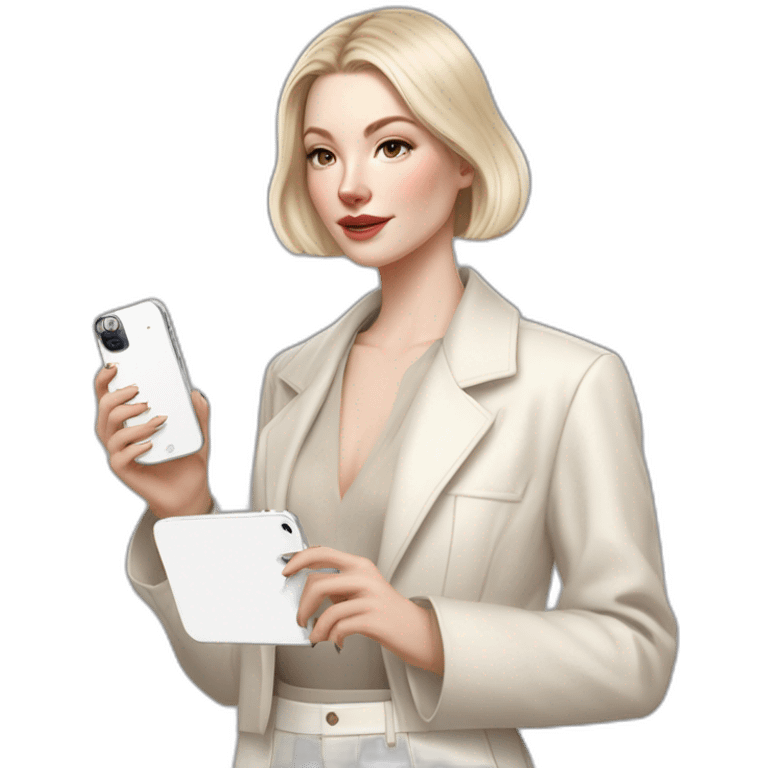 pale skin woman with ash blonde Straightened bob Hair, White Spacious classical jacket, beige palazzo Arrow pants and gray blouse holding white IPhone 14 pro in the hands emoji