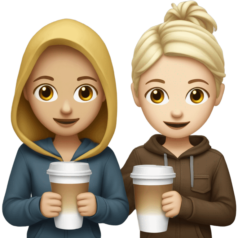 two white-skinned friends, one with blonde hair and the other with brown hair, drinking a cold coffee dressed in hoddies emoji